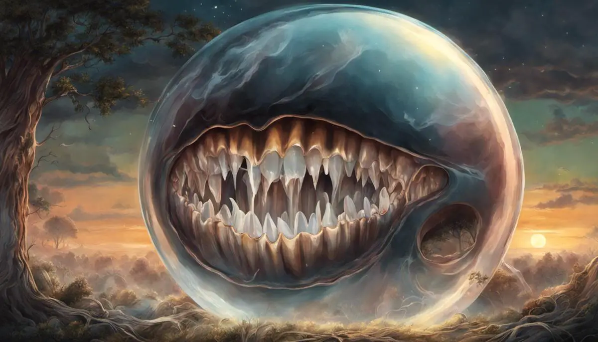 Illustration of a dream bubble with decaying teeth inside, representing anxieties and fears associated with these dreams.