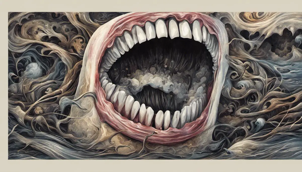 Illustration of decaying teeth in a dream, representing emotional turmoil and distress.