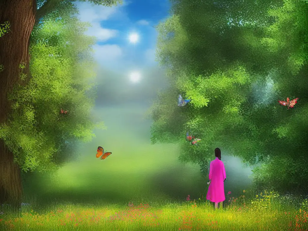 An illustration of a person standing and looking at a door that is open to reveal a magical landscape filled with colorful trees and butterflies. The person appears to be dreaming with their eyes closed and there is a bright light coming from behind the door.