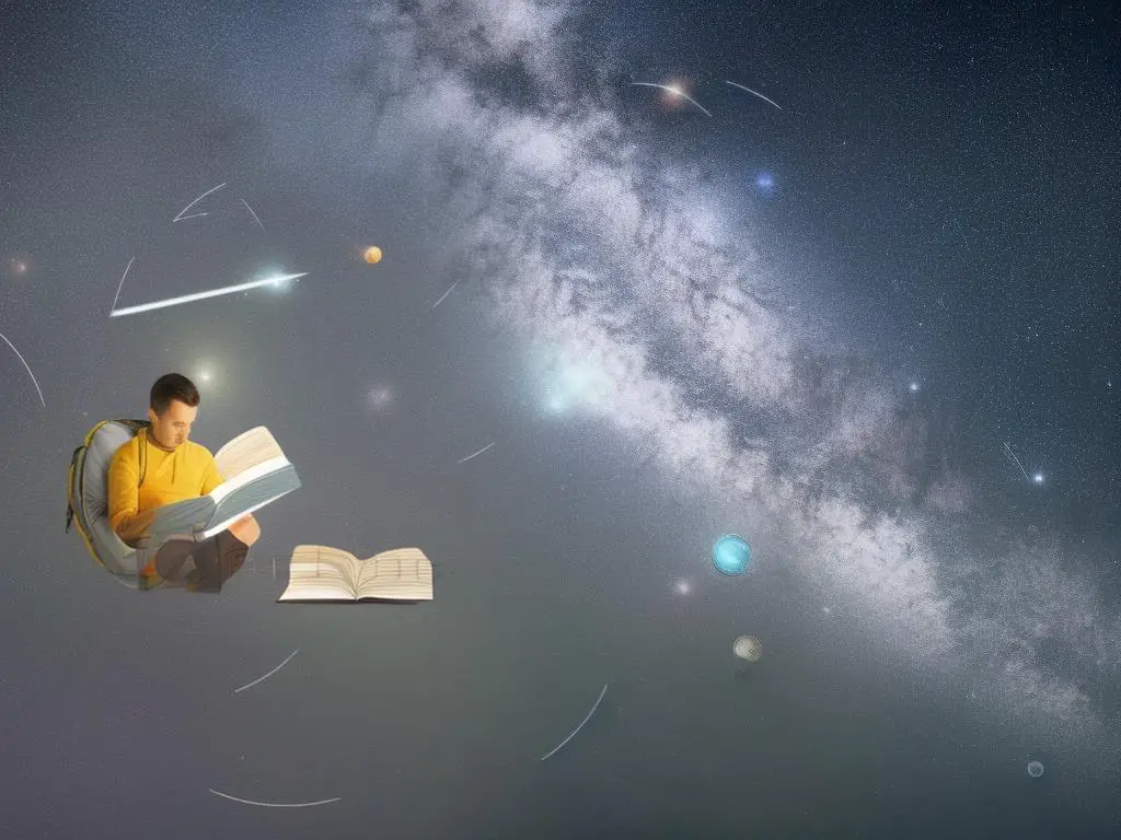 A person sleeping and flying in the air, surrounded by stars and planets, with a book open in front of them showing diagrams and instructions