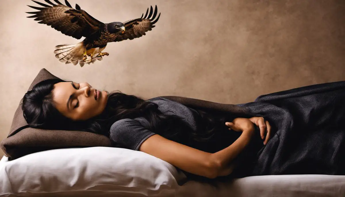 A person sleeping peacefully with a hawk flying above them, symbolizing the significance of dream analysis in spiritual well-being.