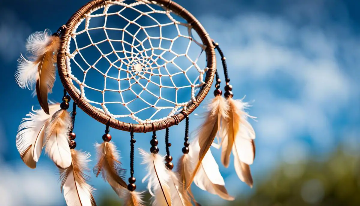 A beautiful dream catcher hanging against a blue sky with feathers and beads.