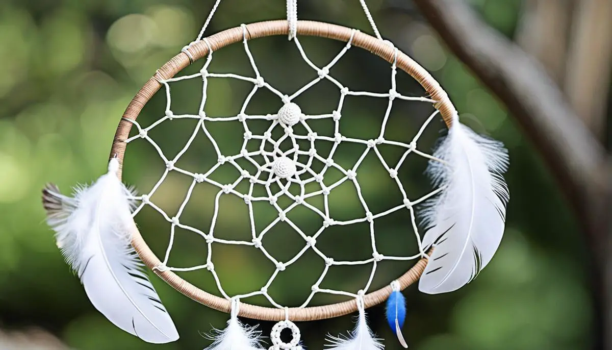 A decorative dream catcher with feathers hanging from a hoop, symbolizing protection and filtering of dreams for a more restful sleep.