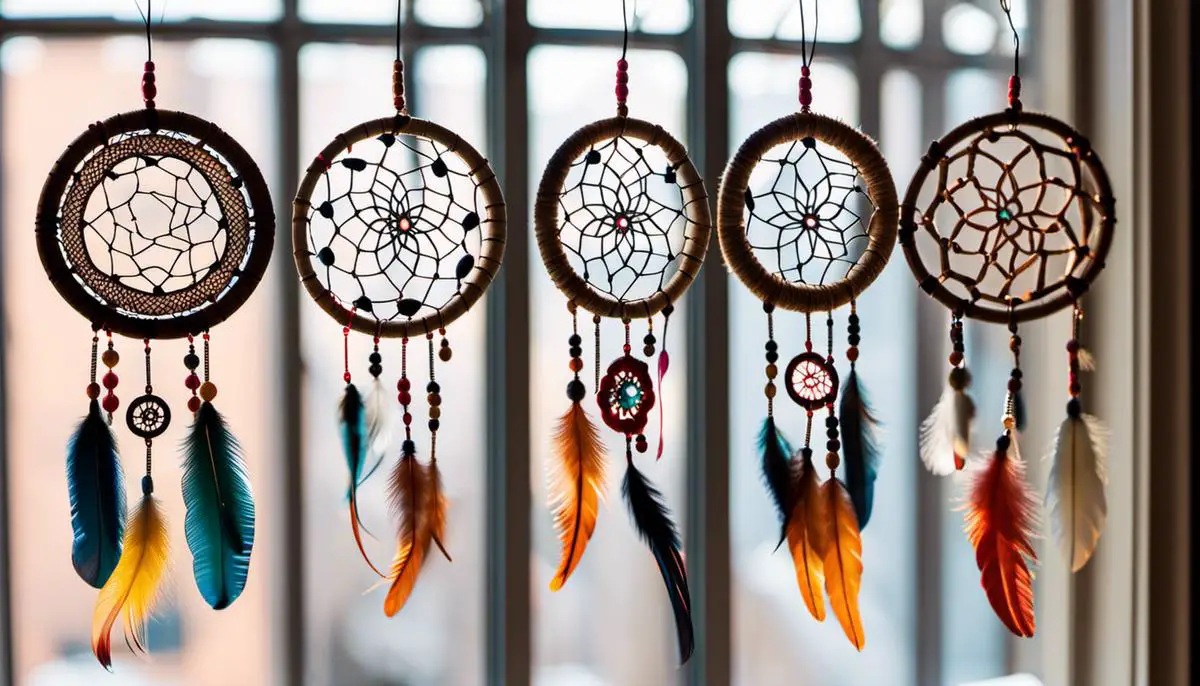 Dream catchers hanging in a window, symbolizing protection and positivity