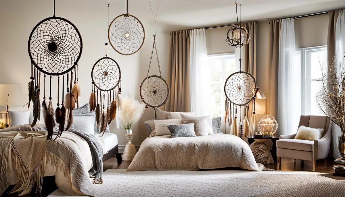 An image of various dream catchers hanging in a bedroom