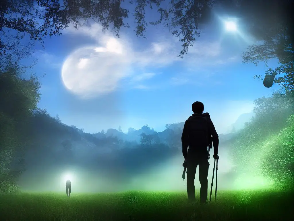 A person with a backpack and binoculars, walking towards a large glowing dream-like portal.
