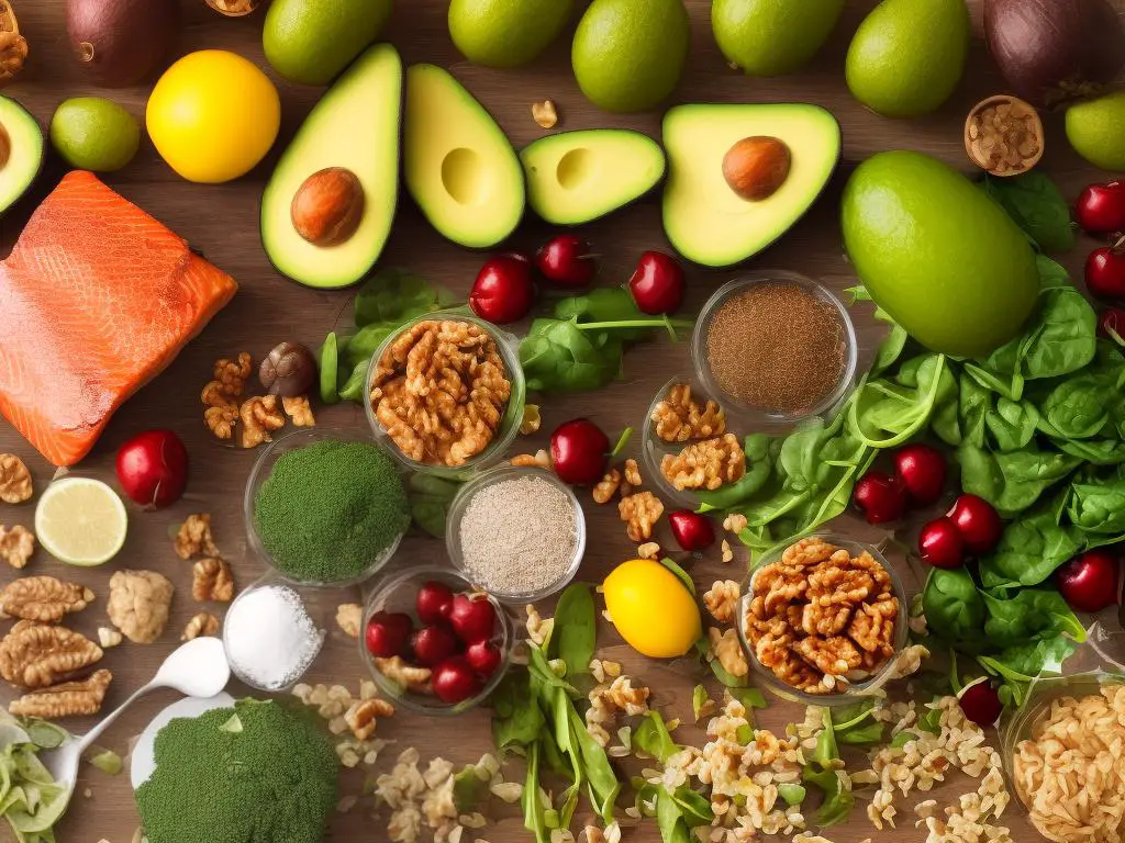 An image of various foods, including salmon, bananas, avocado, spinach, cherries, walnuts, and seeds, that can help promote vivid dreams.