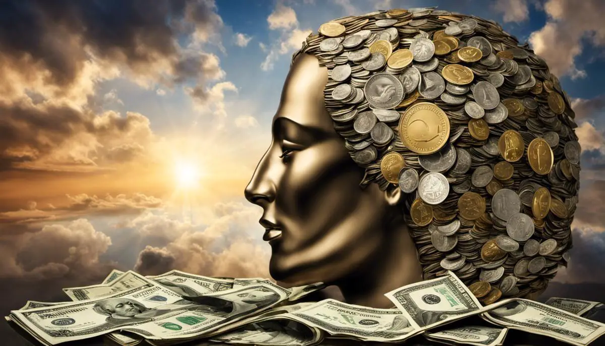 Conceptual image depicting the societal and personal implications of dreaming, showing symbols of money, society, and consciousness.