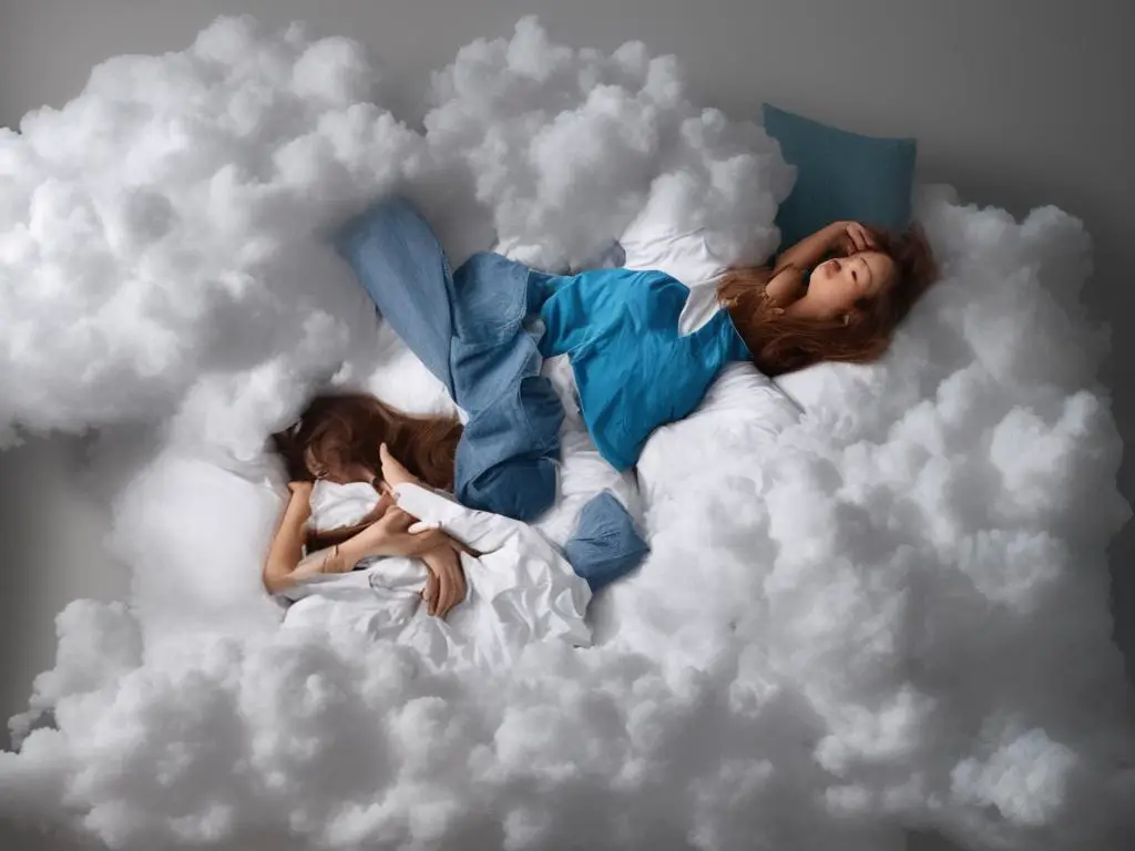 A person lying in their bed with a thought cloud above their head filled with various dream symbols.