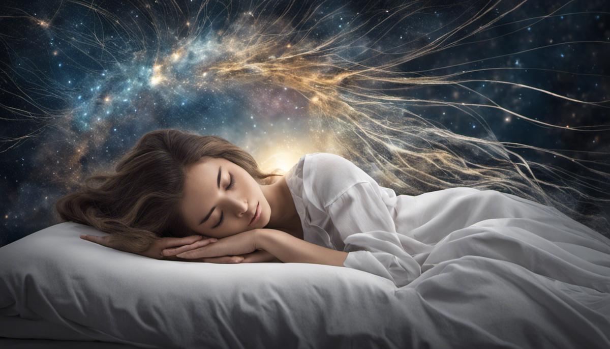 Image depicting a person sleeping with dreams representing the subconscious and the conscious mind interacting with each other