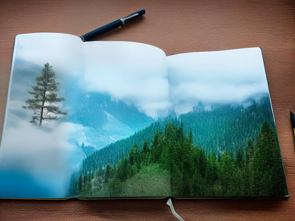 A journal with a pen lying on it, filled with penciled in dreams. A few of the entries show common symbols associated with dreams like clouds, trees, and mountains.