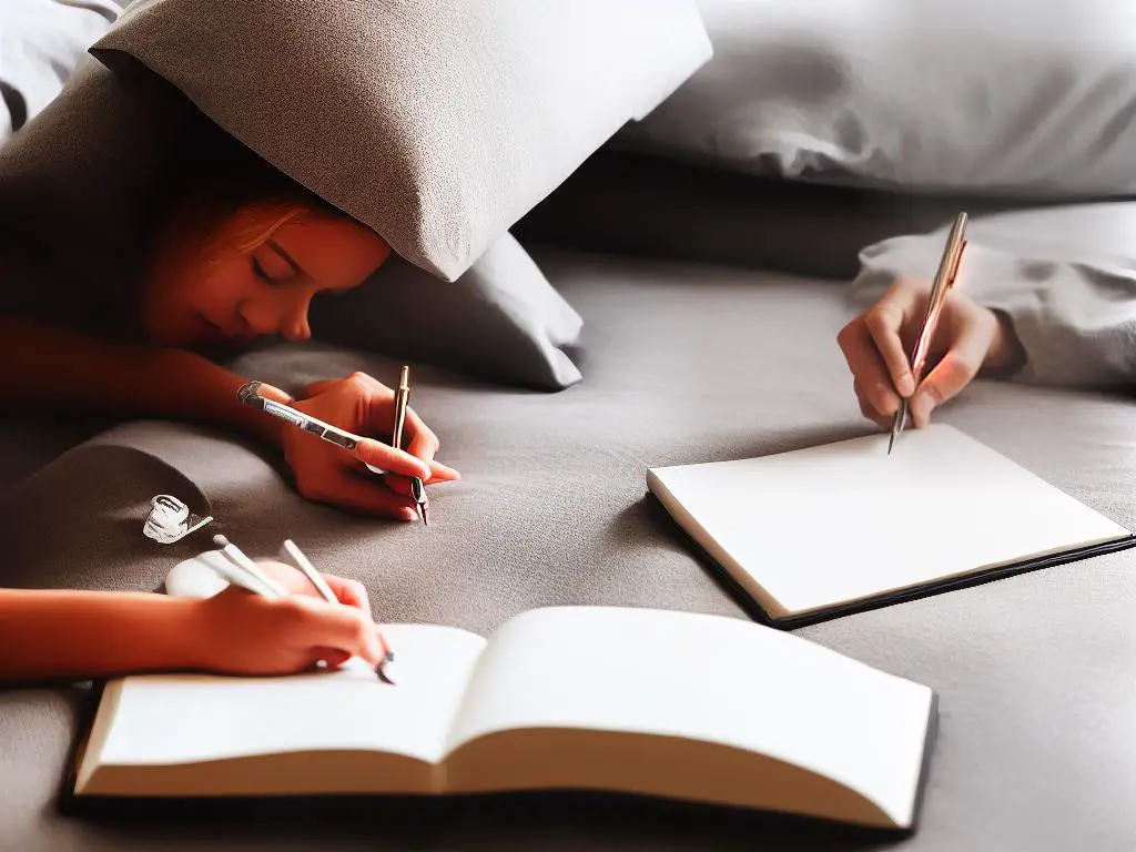 A person writing in a notebook on a nightstand next to a bed.
