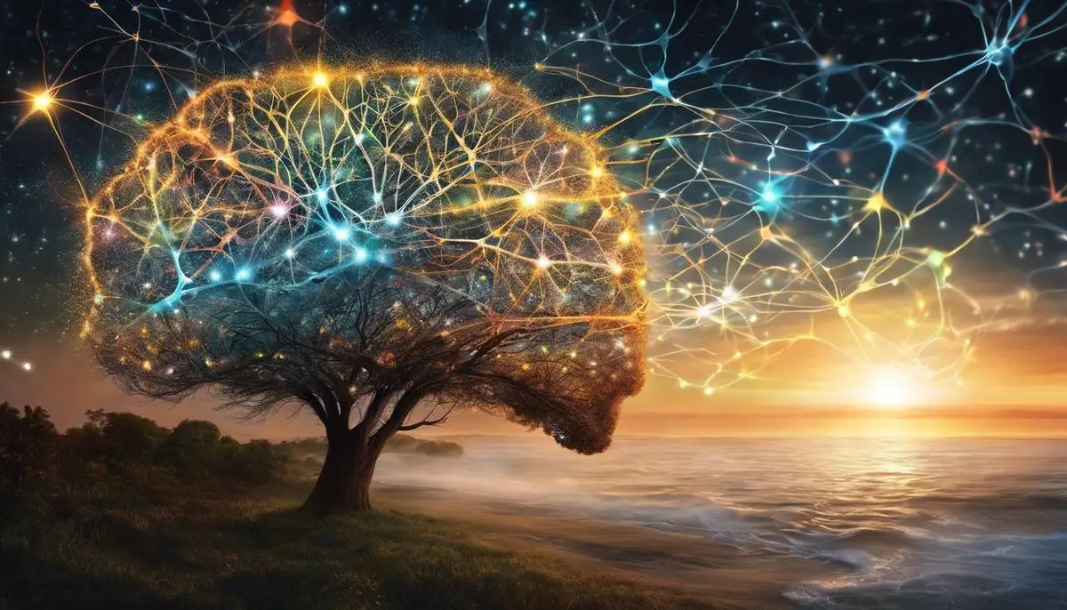 Illustration of neurons in the brain connecting during dreaming, representing the complex neural mechanics of dreams about past individuals