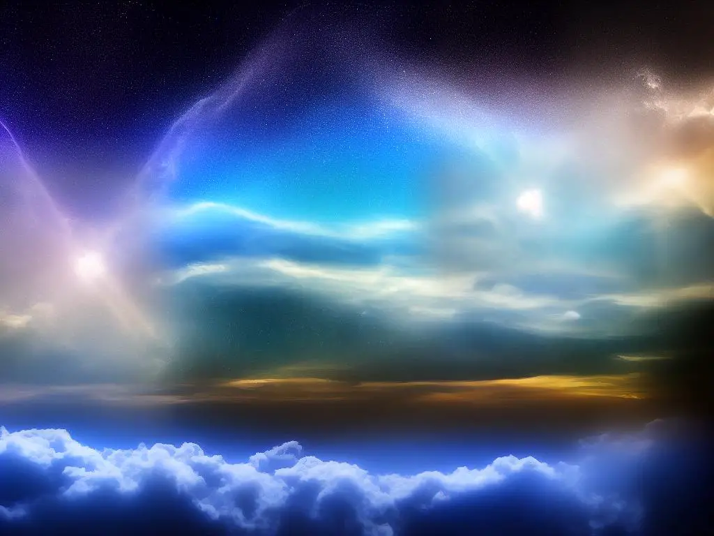 Two people surrounded by dream clouds connected through a beam of light.