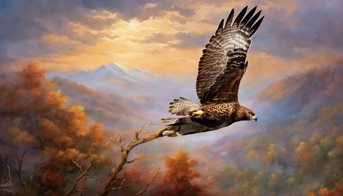 A majestic hawk soaring in the sky, symbolizing insight and clarity in dream interpretation.