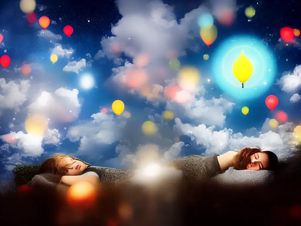A person sleeping with various dream symbols floating above their head