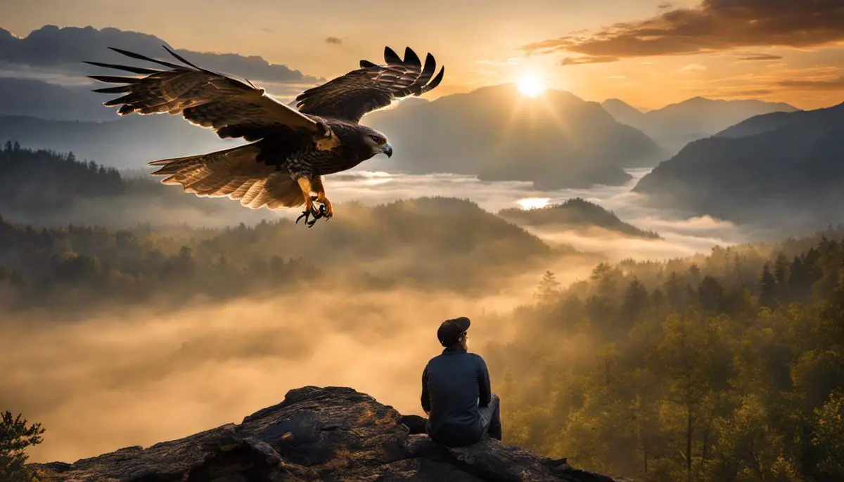 An image of a hawk flying in a dream-like setting with a person observing it.