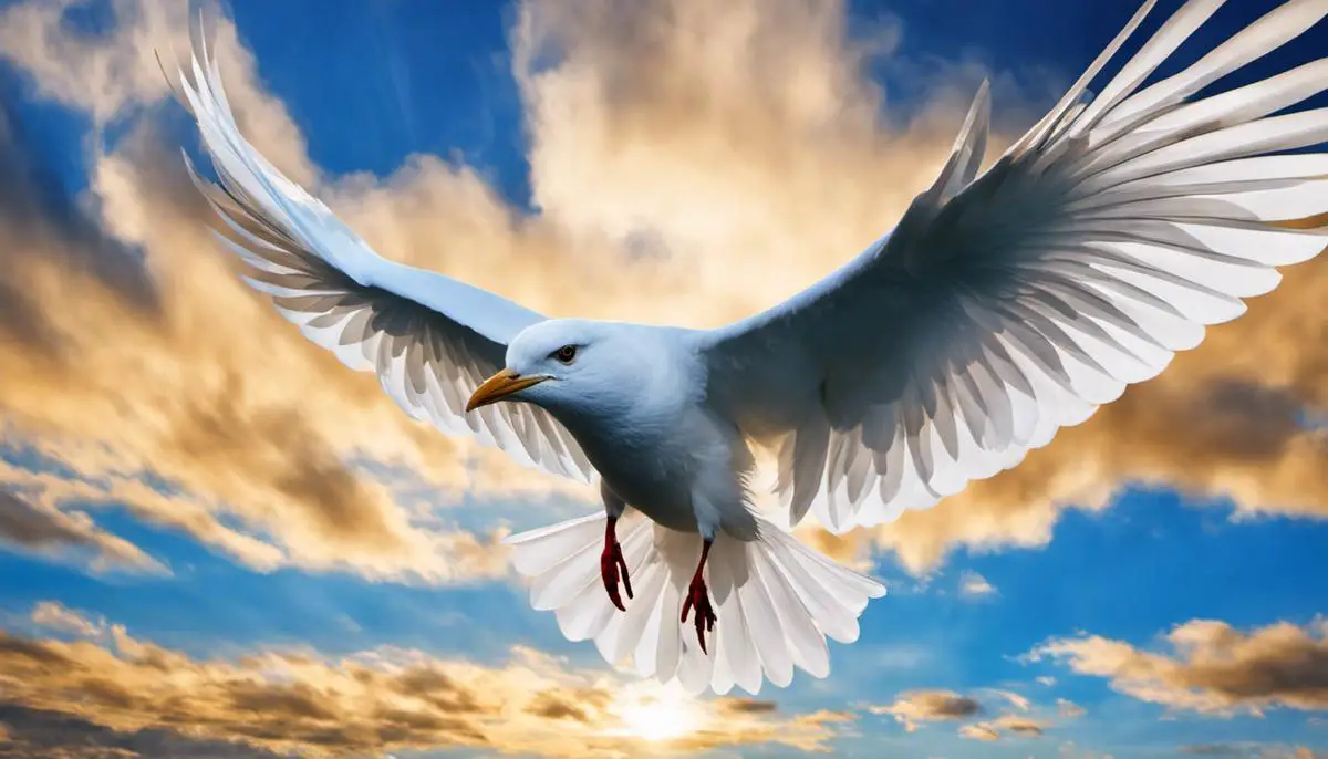 An image of a white bird flying against a blue sky, symbolizing peace and freedom.