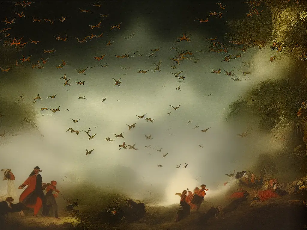 A person is dreaming and is being attacked by a group of bats in a dark and mysterious cave-like surroundings.