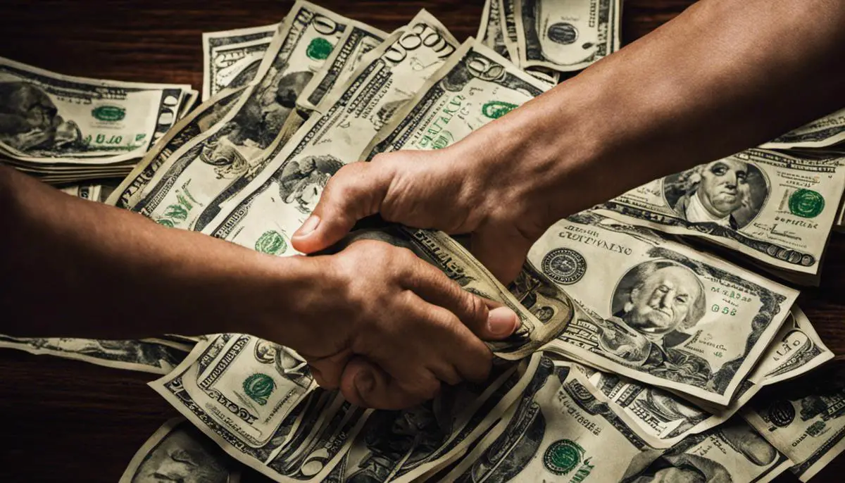 An image showing hands exchanging money, symbolizing the concept of dreams about money exchange
