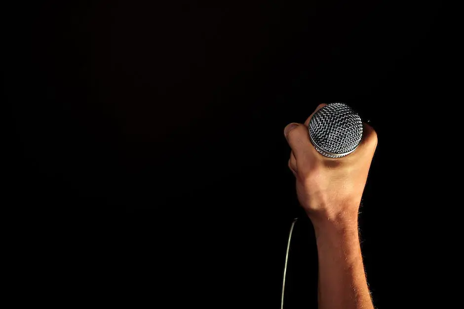 An illustration of a person standing on stage with a microphone, singing while lights shine on them from above.