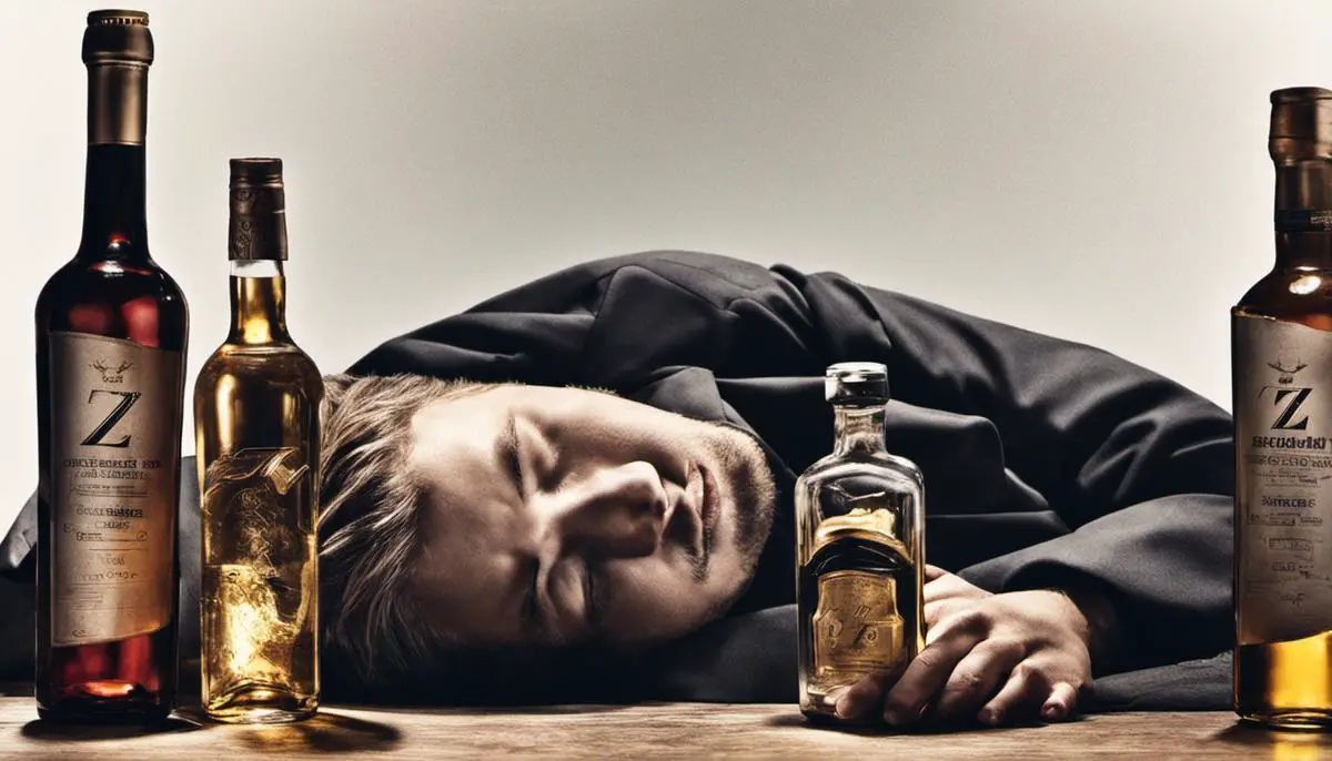 Image depicting a person sleeping and alcohol bottles with crossed out Z's above them, symbolizing the impact of alcohol on dreams and sleep.