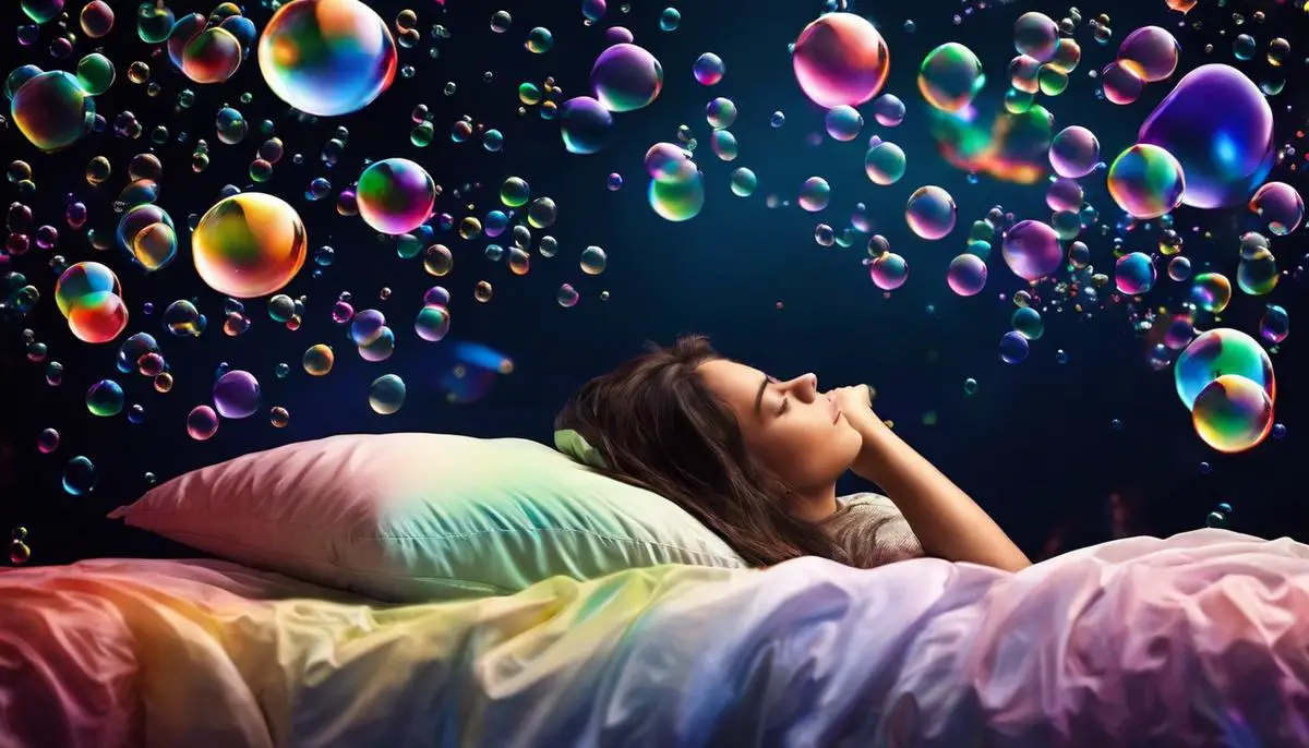 A person sleeping on a bed with colorful dream bubbles surrounding them, representing the connection between dreams and emotions.