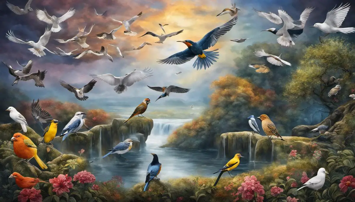 Image depicting various birds in a dream-like setting, representing the topic of dreams and their meanings in psychology