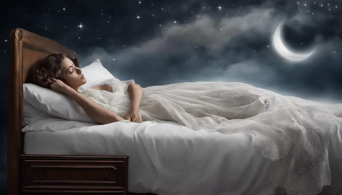 Image of person sleeping with an ethereal figure of a deceased loved one appearing in their dream