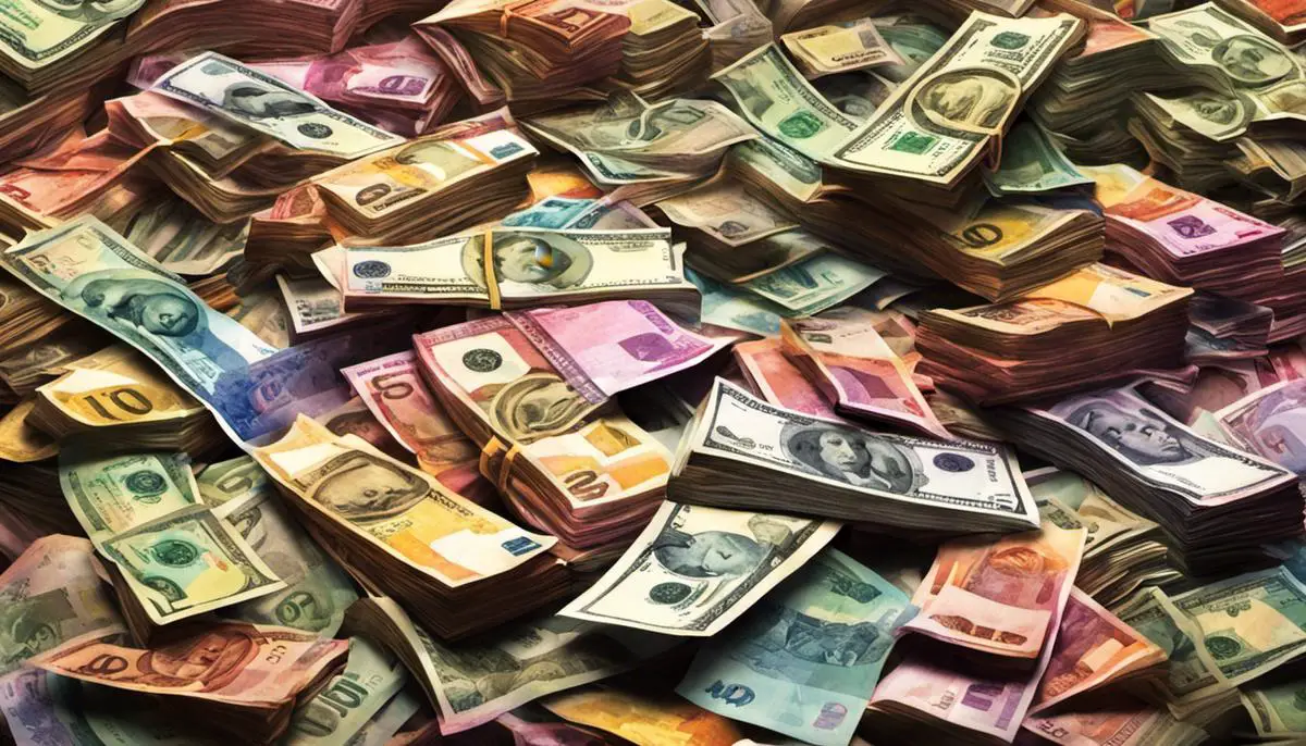 Illustration of a pile of colorful banknotes, representing the symbolic meaning of money in dreams