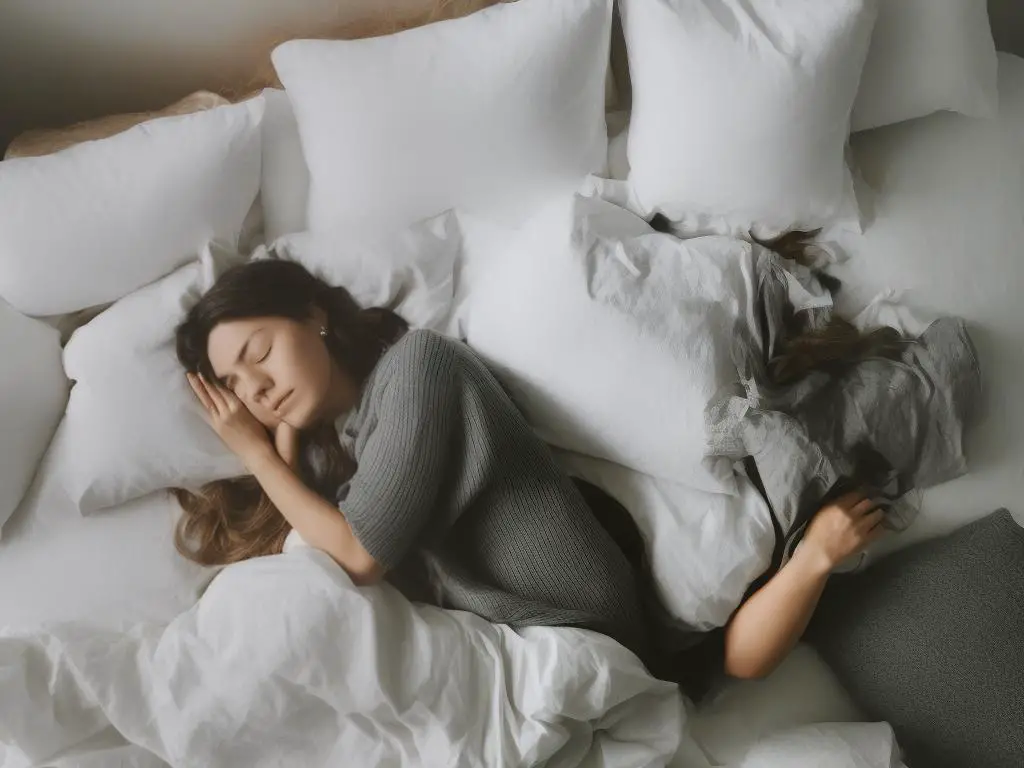 A photo of a woman sleeping peacefully in bed with a thought bubble above her head filled with a variety of objects representing dream symbolism like flying, falling, and water