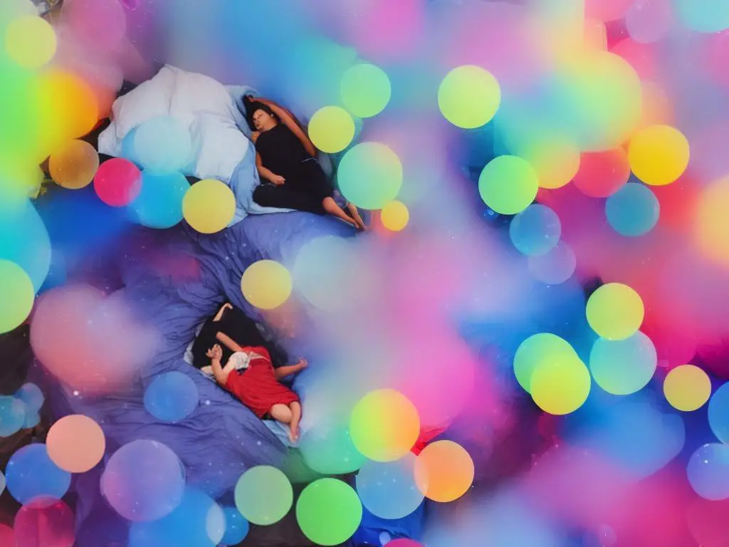 A person sleeping in bed with vivid, colorful dream bubbles floating above them