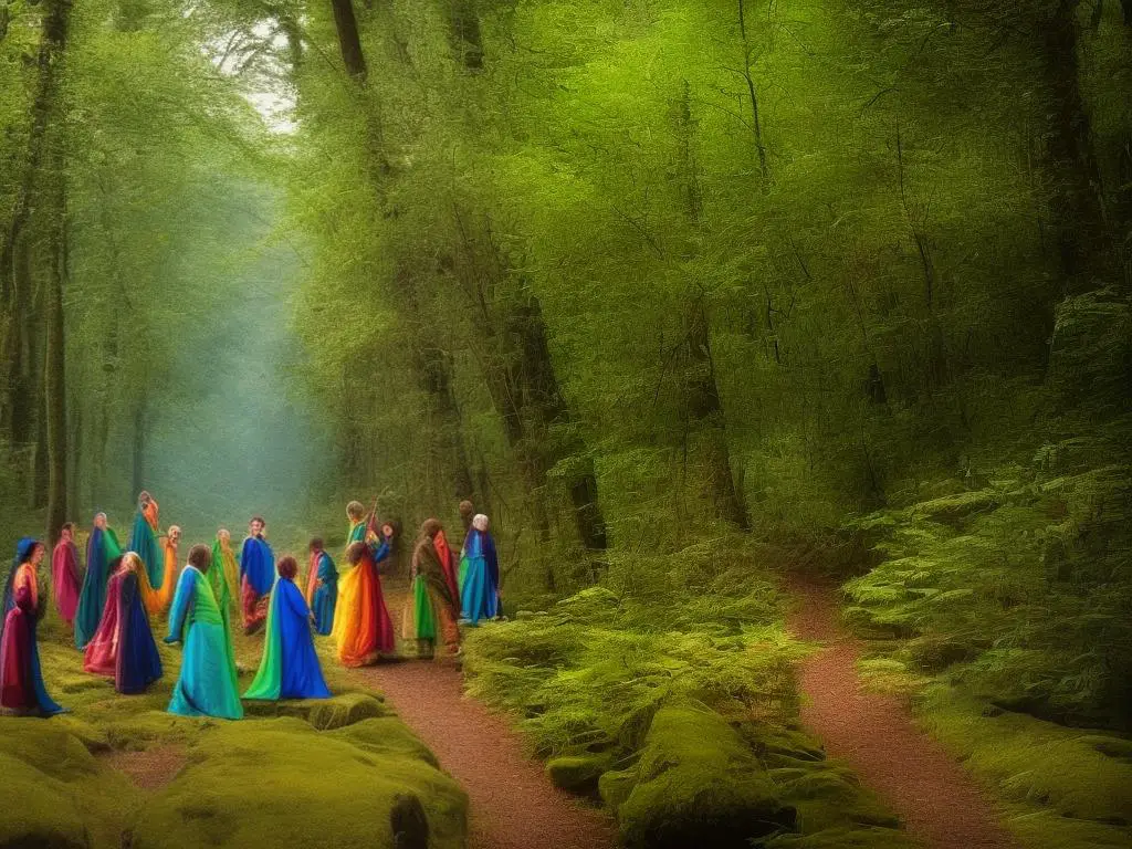 An image of elves in a mystical forest, with vibrant colors and an other-worldly look.