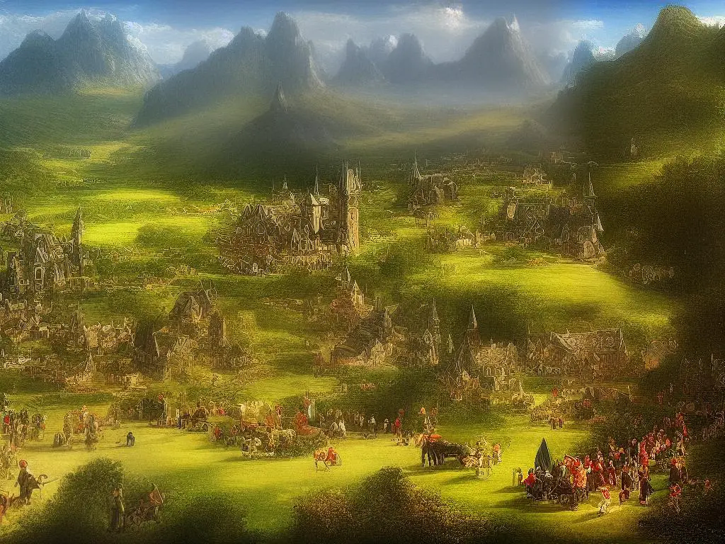A beautiful drawing of an elven kingdom with elves living in harmony with nature, showcasing their art, traditions, and culture.
