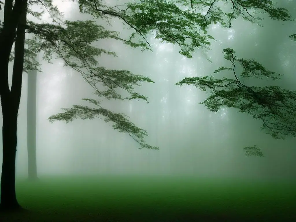 An image of an enchanted forest, with a misty atmosphere and tall trees, representing the magical and mysterious nature of dreams about enchanted forests.