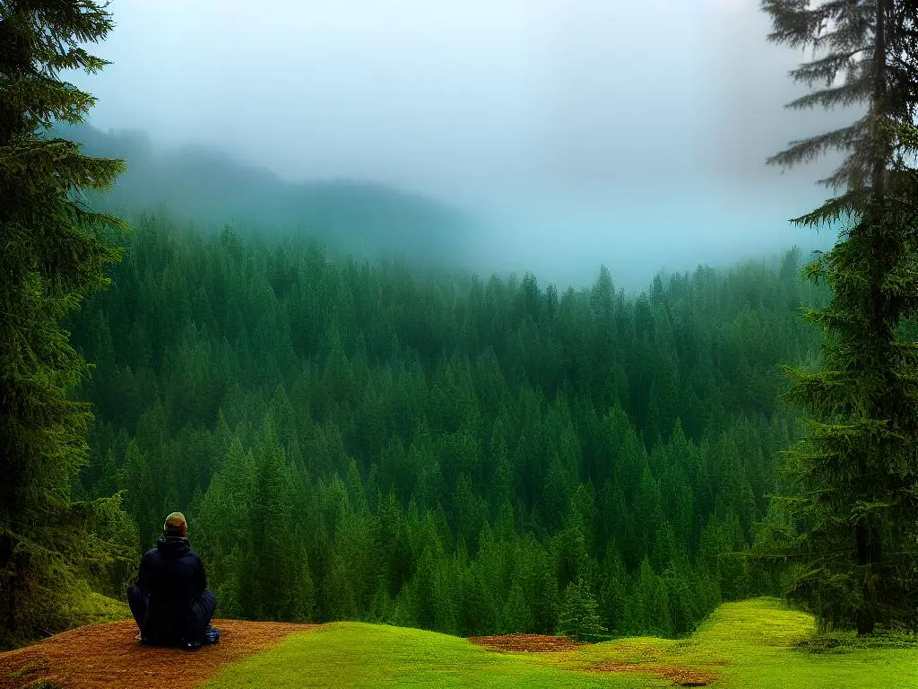 A person sitting at the edge of a misty forest, looking at the tall trees surrounded by greenery and feeling the enchantment and tranquility of the forest.