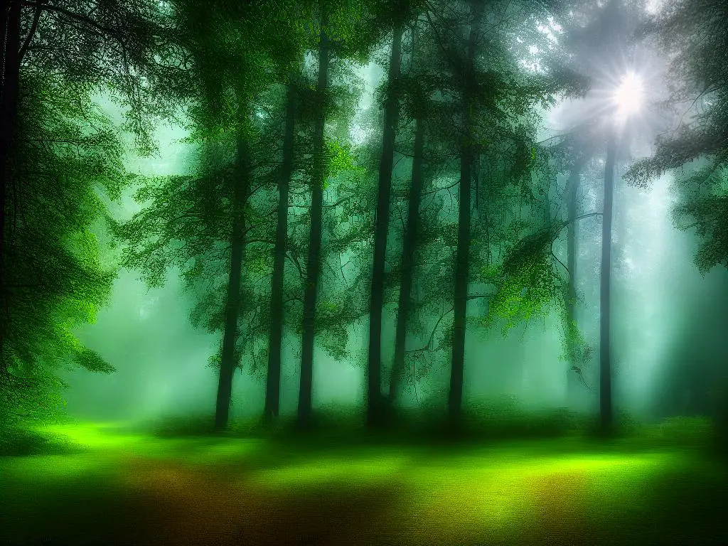 An image of an enchanted forest with misty trees and bright lights shining through the leaves.