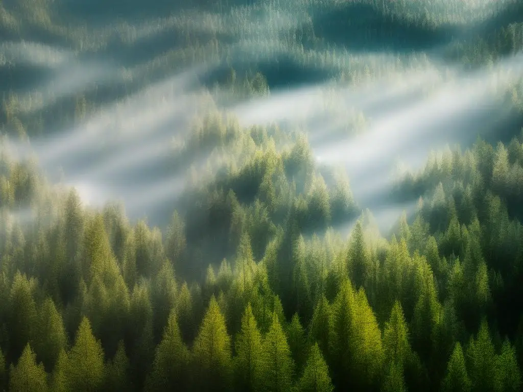 A digitally created image of an enchanted forest with tall trees surrounded by mist and bright light streaming in from above.