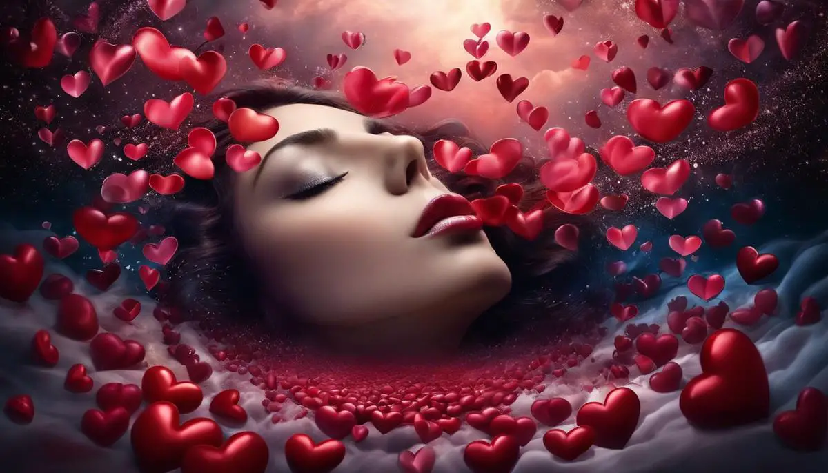 A surreal image of lips and hearts floating in a dream-like setting, representing the mysterious and complex nature of kissing dreams.