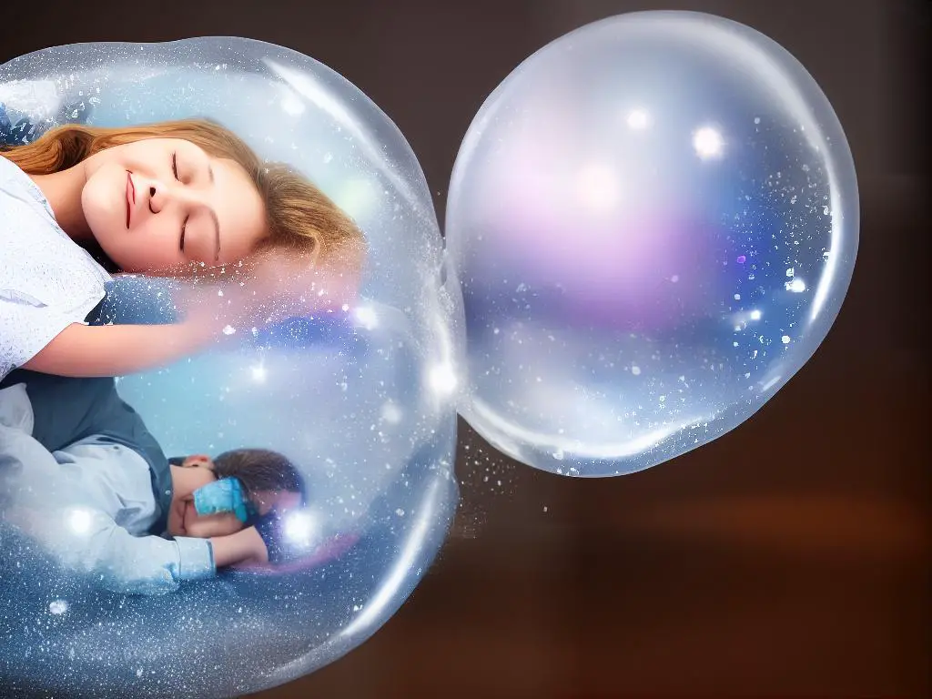 A person sleeping in their bed with a dream bubble featuring a happy face inside of it.