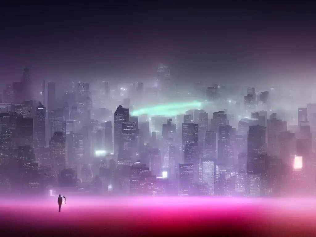 An artist's impression of a human silhouette standing in front of a city illuminated with neon green and purple lights to represent an alien city surrounded by mist and red sky for an extraterrestrial encounter.
