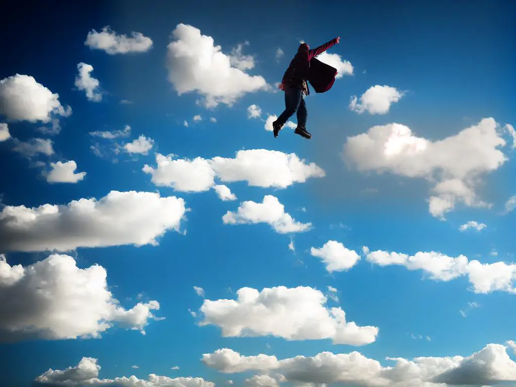 A person falling through the air in a dream with clouds around them.