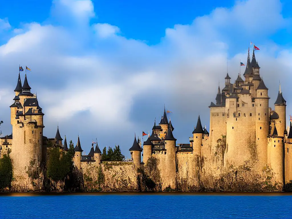 A picture of a magnificent floating castle high in the sky with a colorful and magical background.