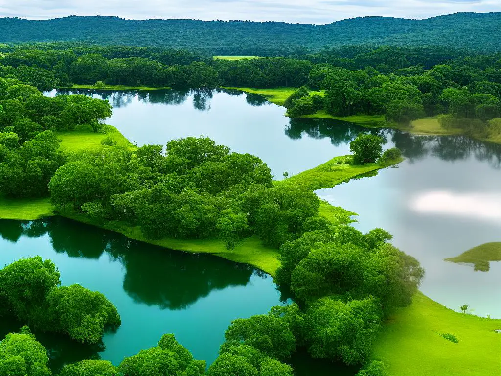 A floating island with green vegetation on top at the center of a lake, surrounded by trees and blue sky with white clouds