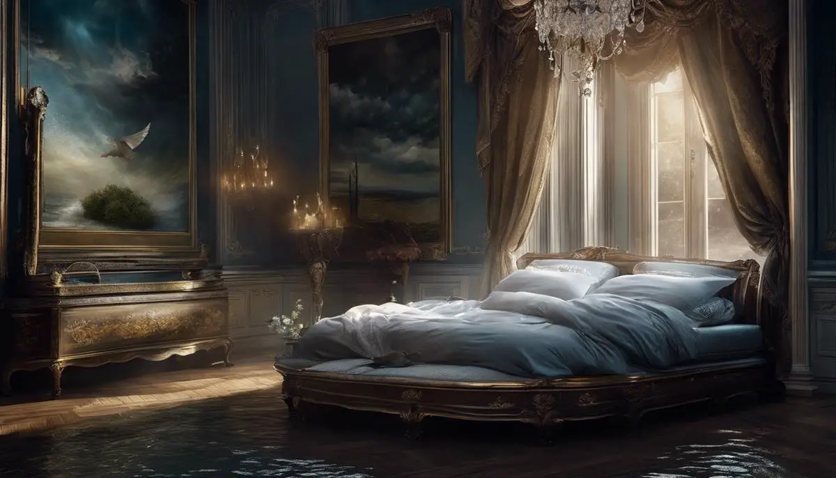 An image showing a person sleeping in bed with dreams of water and floods surrounding them.