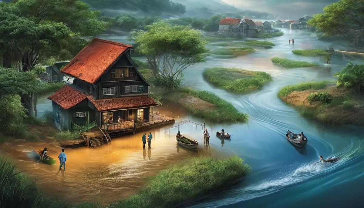 Illustration depicting different dream scenarios related to floods, representing the symbolic meanings they hold.