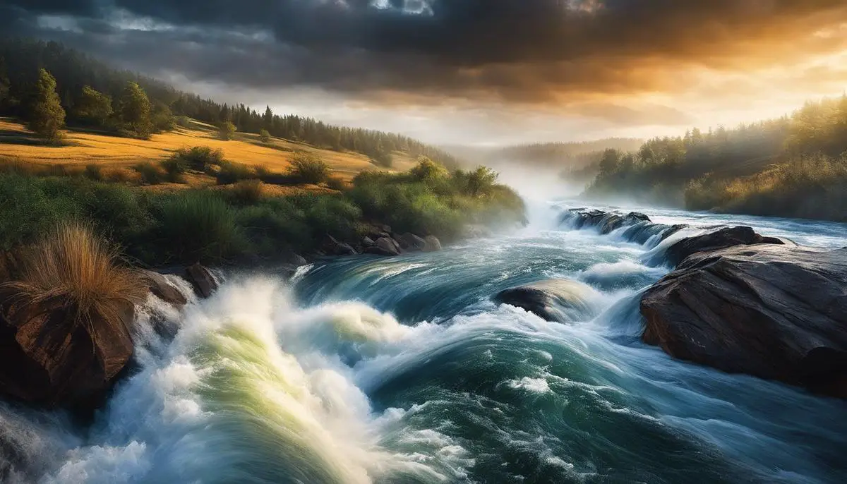 Image depicting a flowing river with turbulent waves representing flood dreams