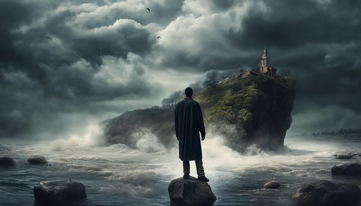 Image of a dreamer standing on a rock amidst a flood, symbolizing the inner turmoil represented by flood dreams.