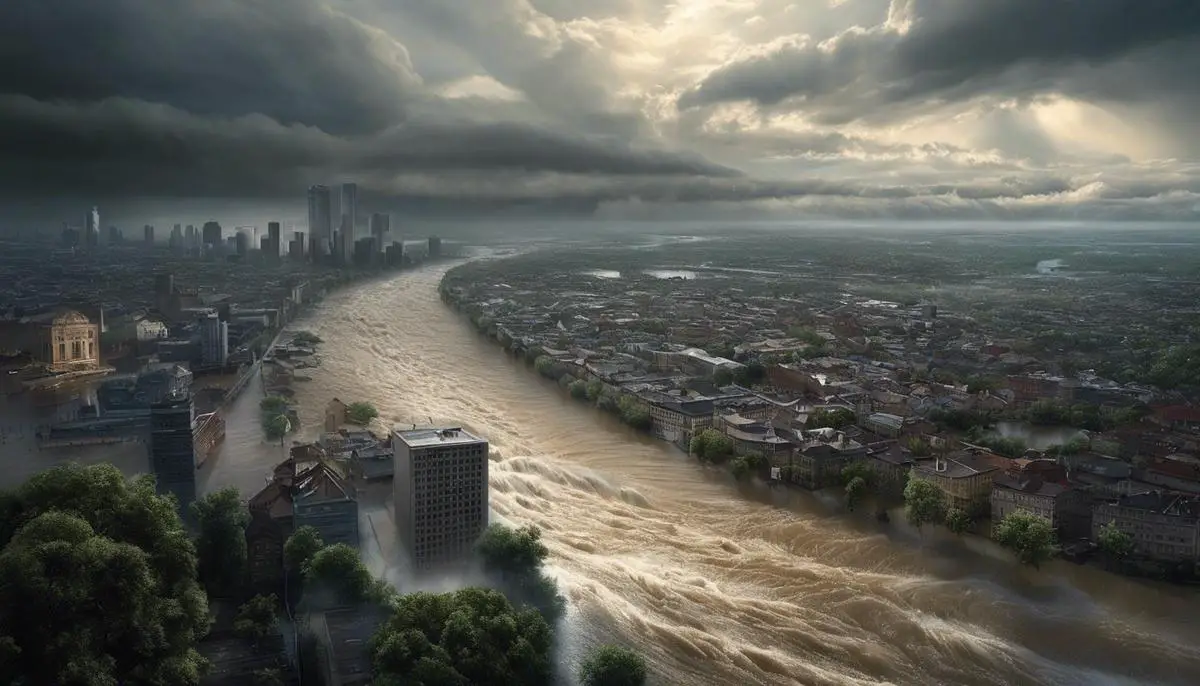 An image of floodwaters rushing through a city, portraying the intensity and symbolism of flood dreams.