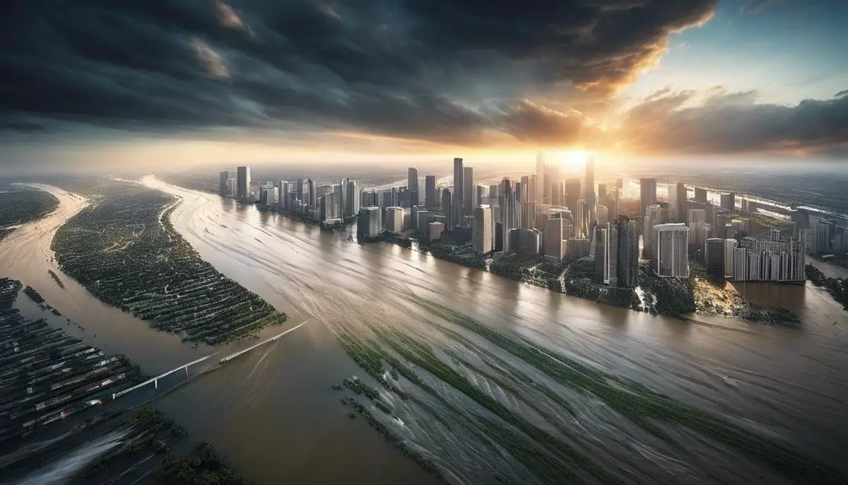 An image of floodwaters flowing through a city, symbolizing the power and impact of flood dreams.